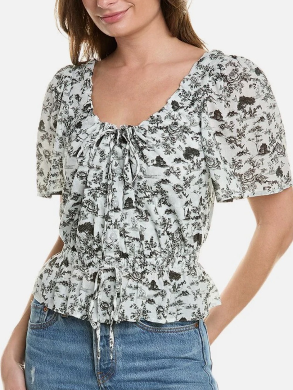 7 For All Mankind Cotton Nature Print Peasant Style Top With Cut Out Back.
